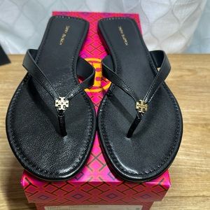 Tory Burch Black Thong Sandals with Gold Logo